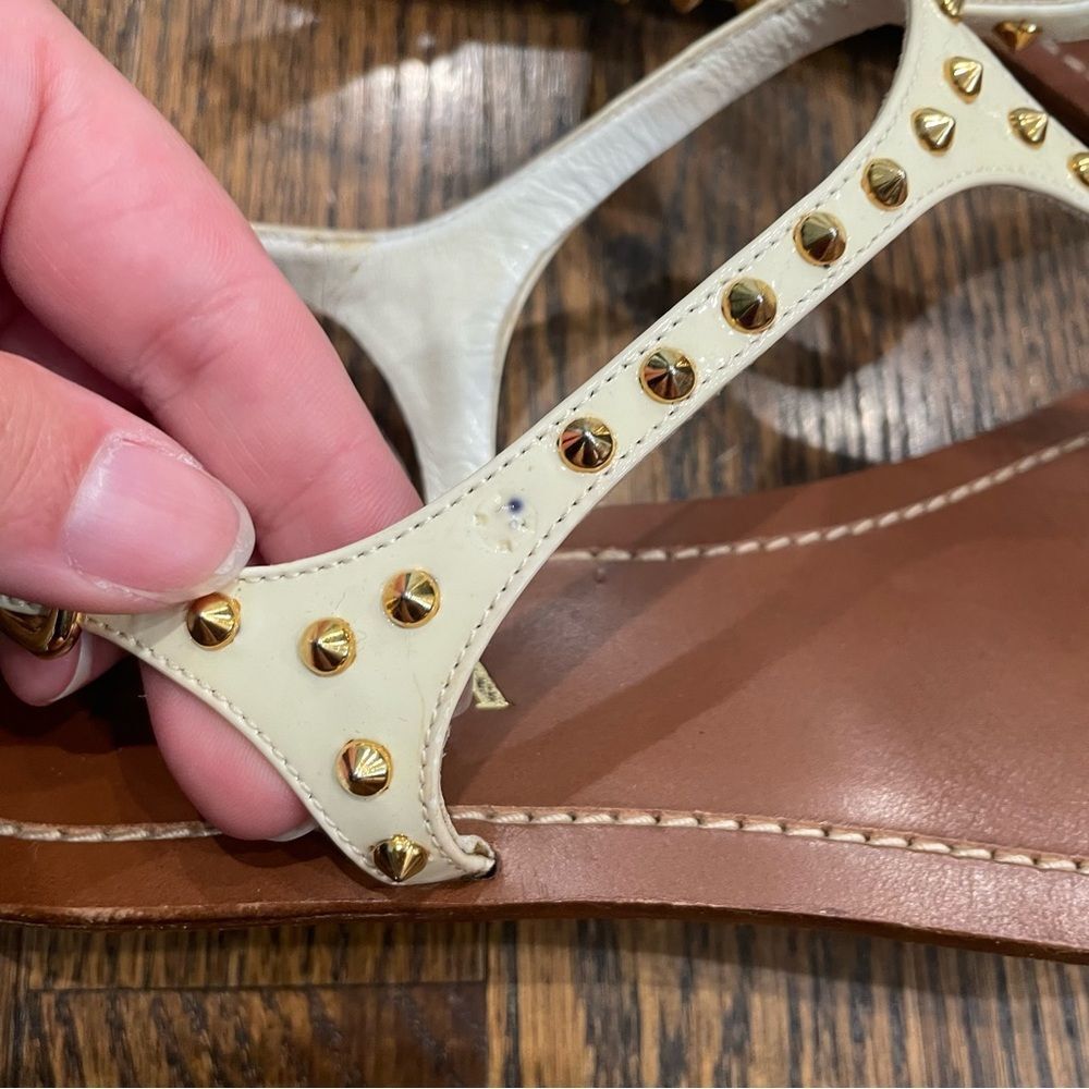 PRADA White Patent Leather Gold Studded Sandals - Picture 5 of 14